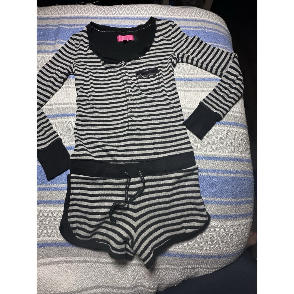 Victoria Secret Striped Thermal Pajama Romper‎ XS Black Gray Henley Lounge L/S